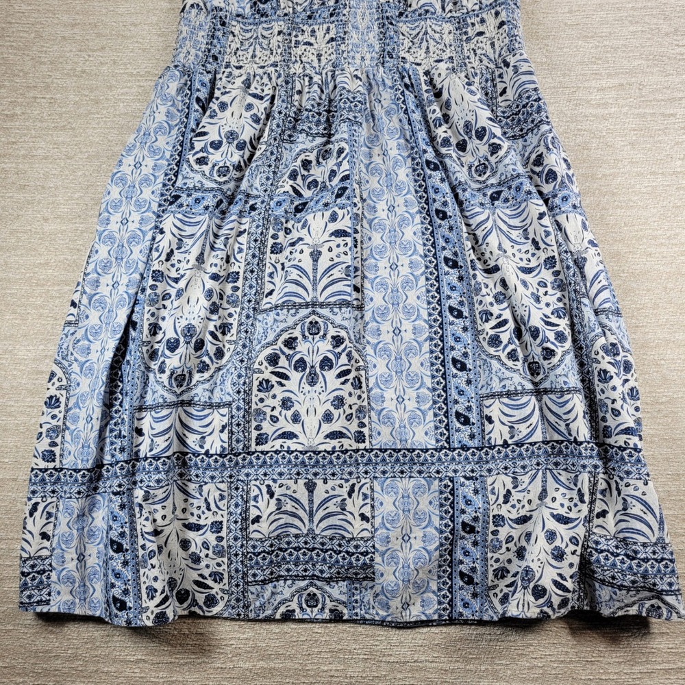 Old Navy Dress 2X Blue White V Neck V Back Tie Smocked Waist Boho Summer Beach - Picture 6 of 14